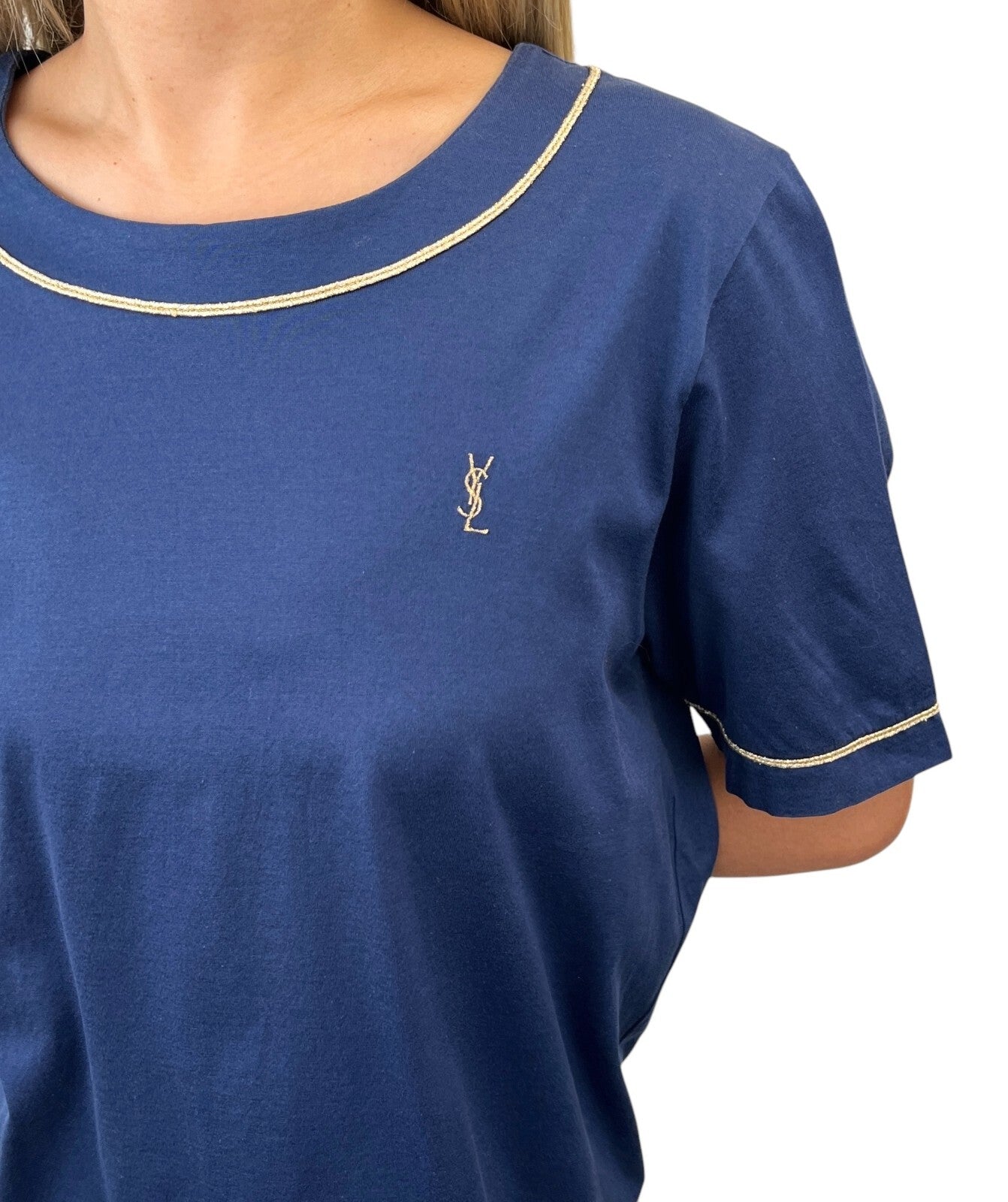 Yves Saint Laurent Vintage YSL Logo Top #M Pullover Dark Blue Gold Glitter