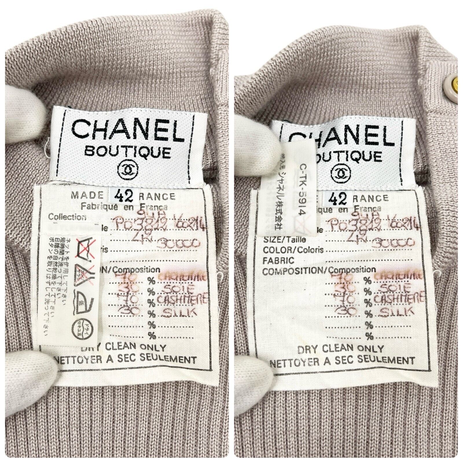 CHANEL Vintage 94A CC Logo Rib Knit High Neck Sweater Top #42 Gray Rank AB+