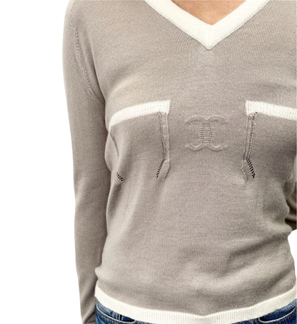 CHANEL Vintage 04C CC Logo Cashmere Knit Sweater Top #38 Beige Ivory 902362