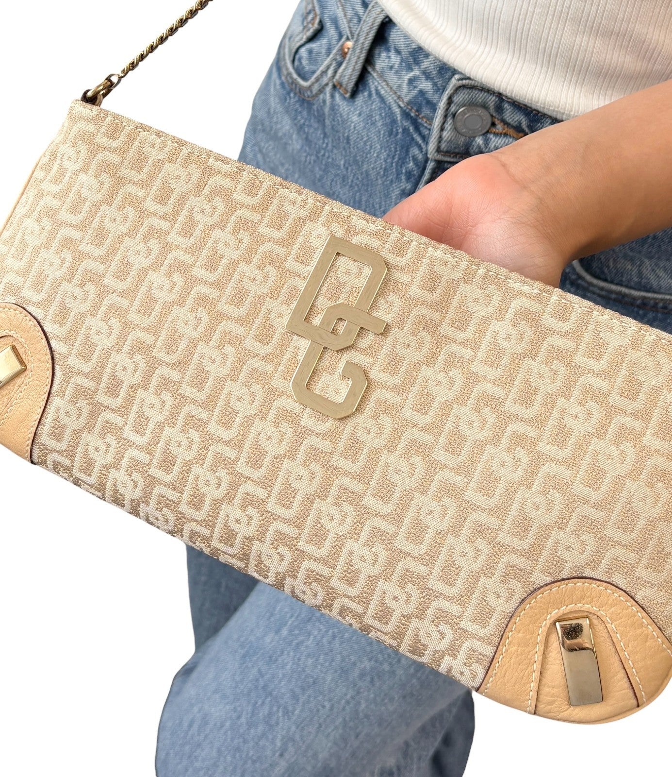 DOLCE&GABBANA Vintage DG Logo Chain Shoulder Bag Beige Gold Canvas 902060