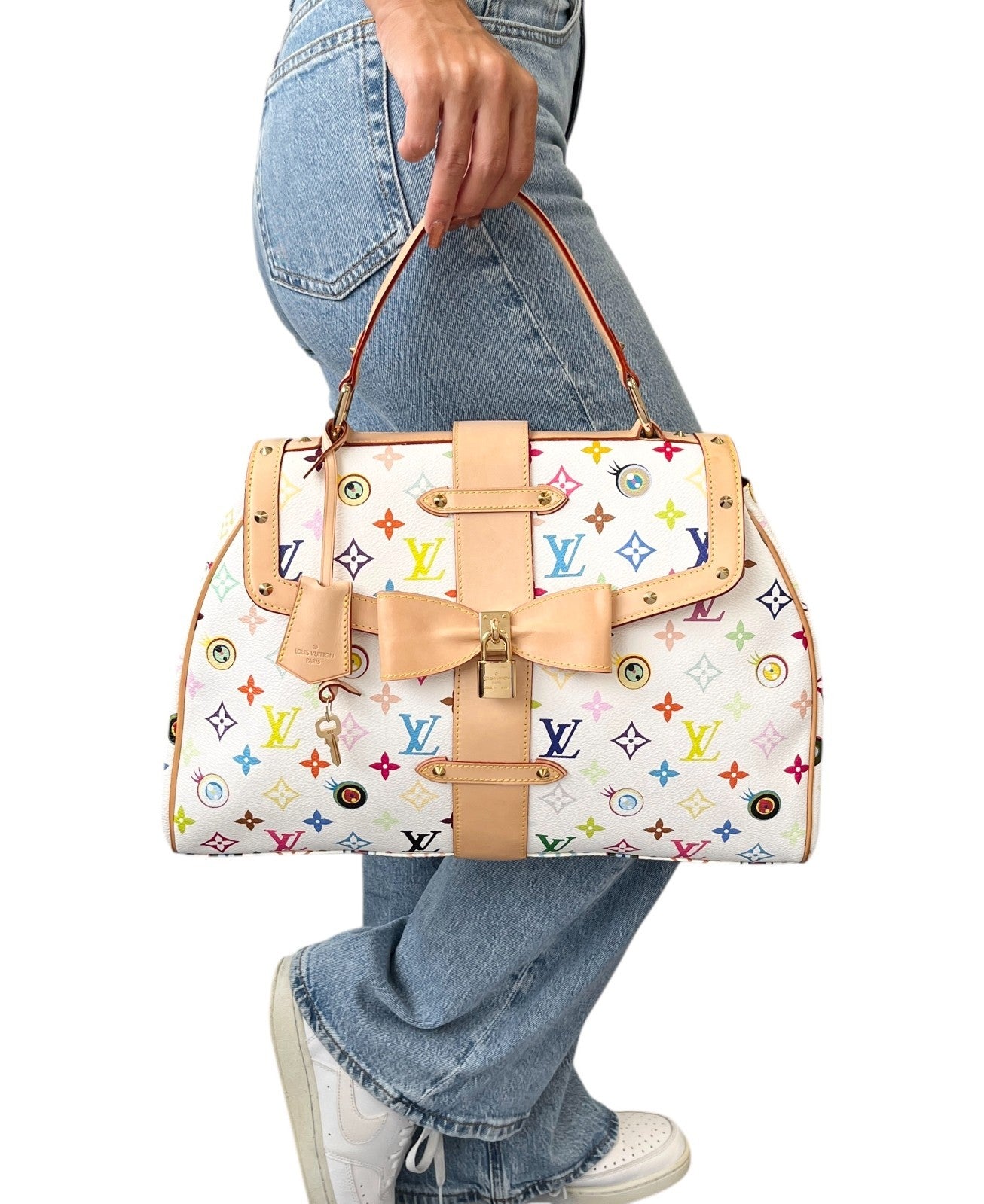 LOUIS VUITTON Vintage Eye Love Monogram Multicolor Key Tote Bag Beige 106912