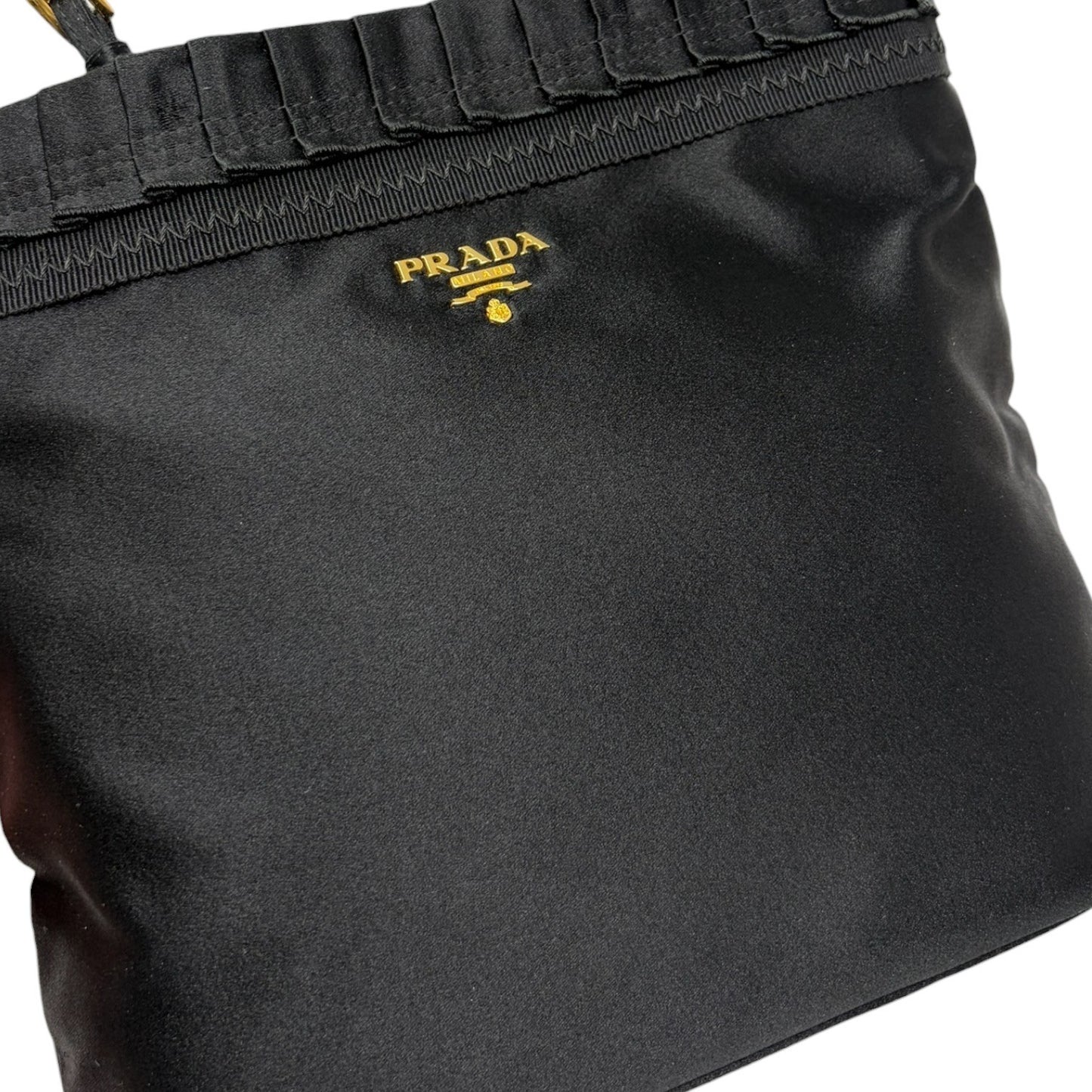PRADA Vintage Logo Frill Mini Tote Bag Black Gold Satin Button 901834