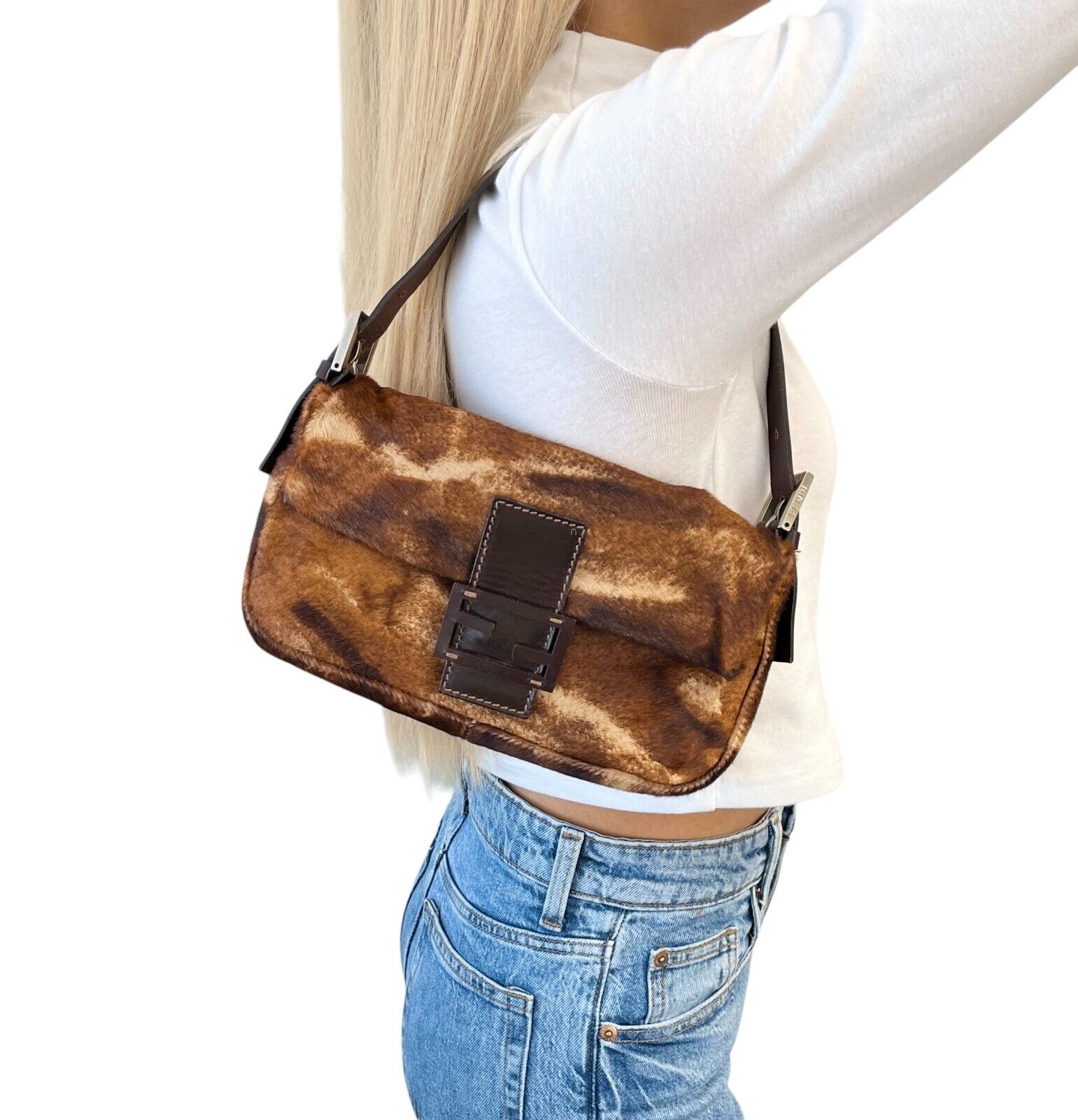 FENDI Vintage Calf Hair Mamma Baguette Shoulder Bag Brown Beige Leather