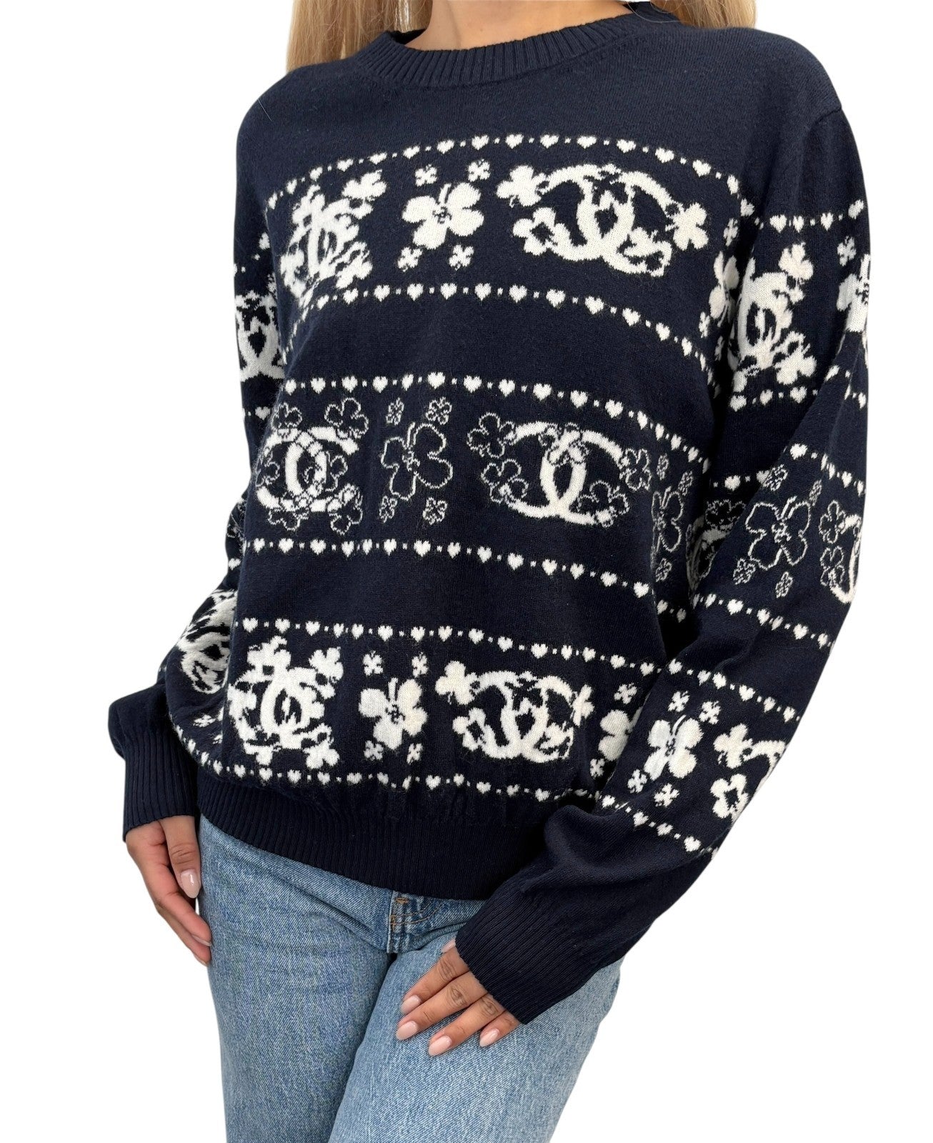 CHANEL Vintage P63037 CC Logo Cashmere Knit Sweater Top #46 Dark Blue Clover
