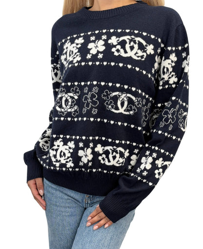CHANEL Vintage P63037 CC Logo Cashmere Knit Sweater Top #46 Dark Blue Clover