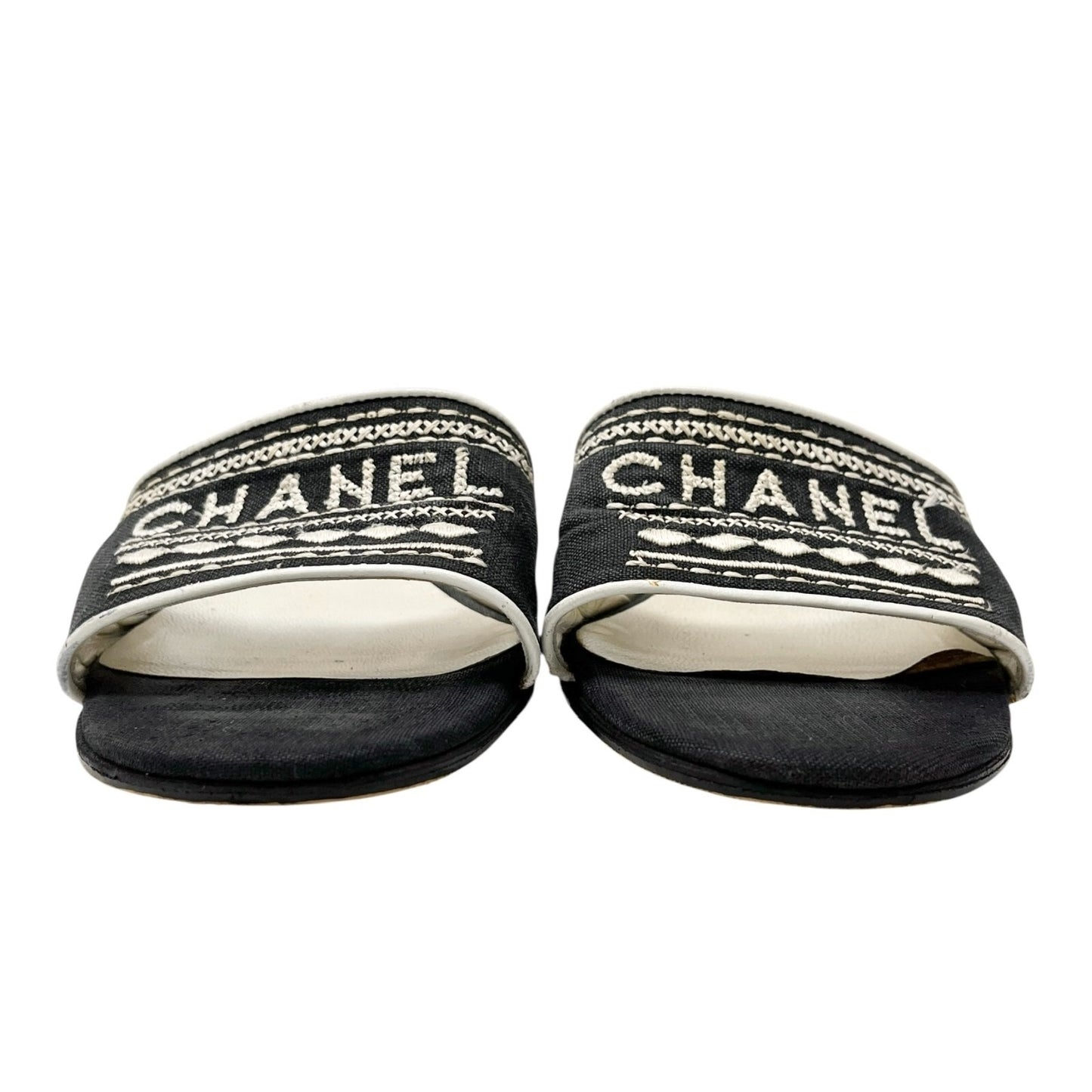 CHANEL Vintage CC Mark Logo Sandals Heels #36 Stitch Black White Cotton Leather