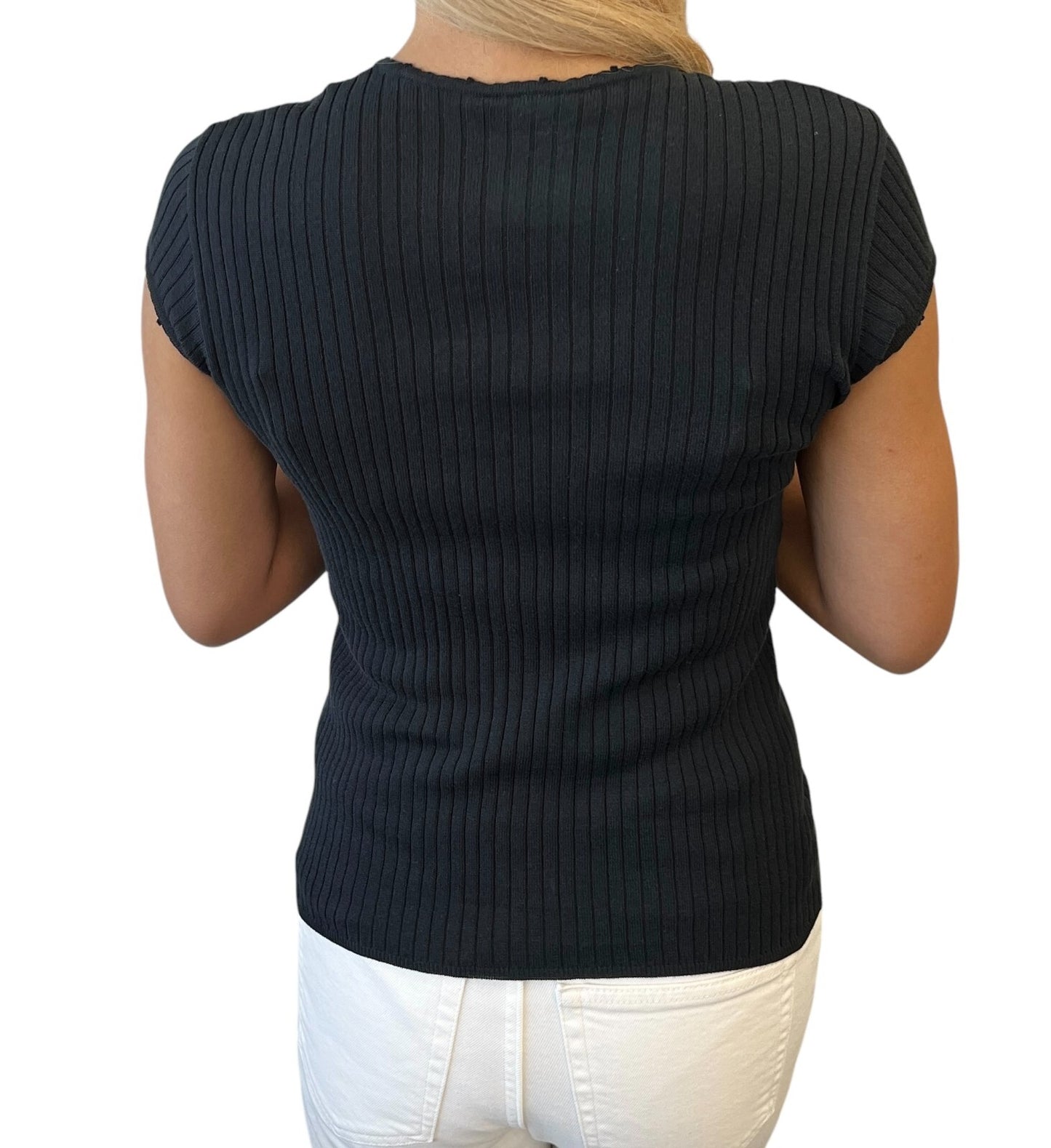 CHANEL Vintage 04P CC Logo Punching Knit Top T-shirt #38 Black Short Sleeve