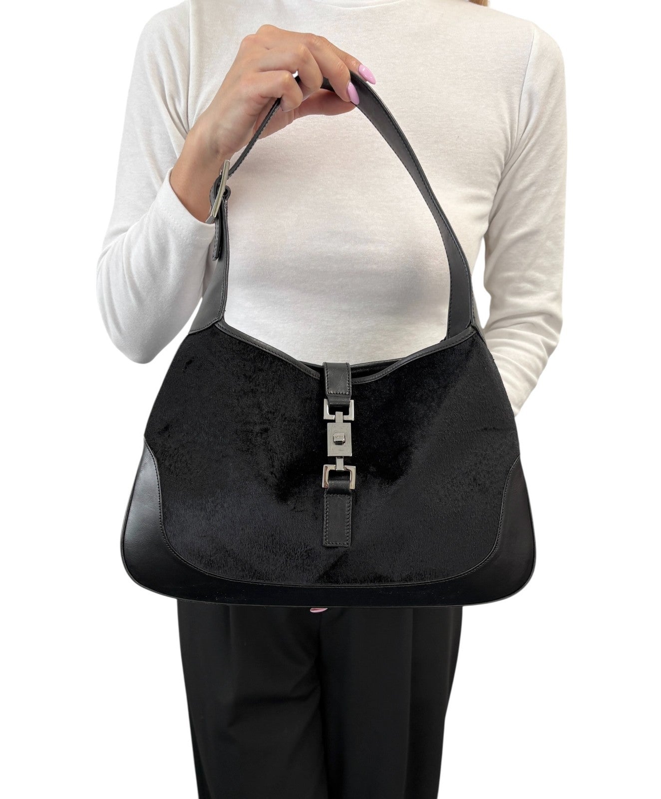 GUCCI Vintage Jackie Logo Velvet Hobo Shoulder Bag Handbag Black Silver Leather