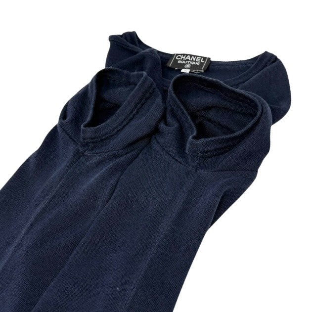 CHANEL Vintage CC Mark Logo Knit Top T-shirt Short Sleeve #38 Dark Blue Cotton