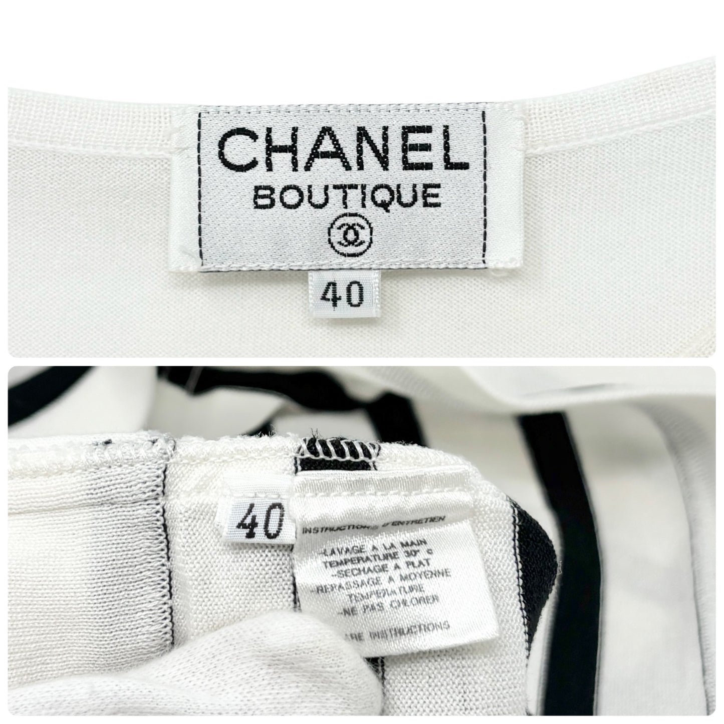 CHANEL Vintage 1994 CC Logo Striped Sleeveless Top #40 Tank White Black Cotton