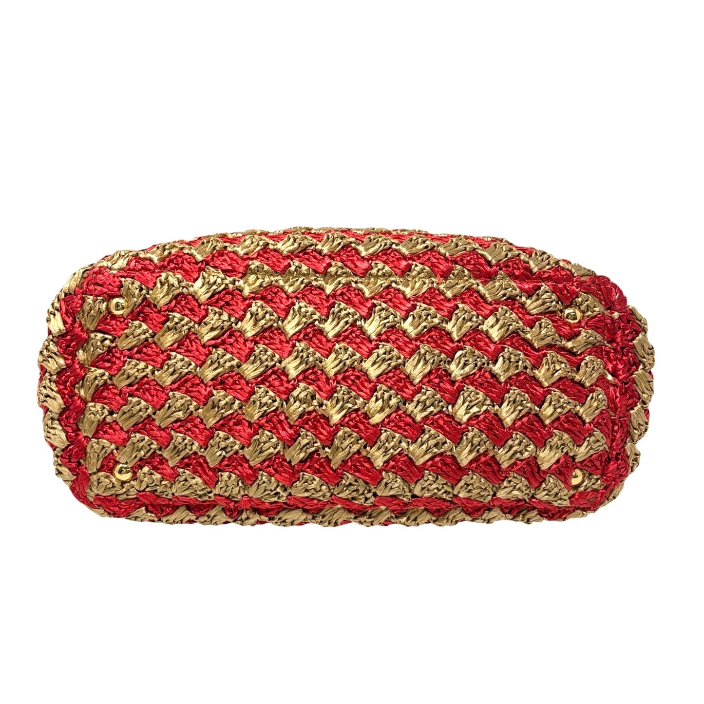PRADA Vintage Triangle Logo Raffia Canapa Tote Bag Red Beige Gold Crochet 901970