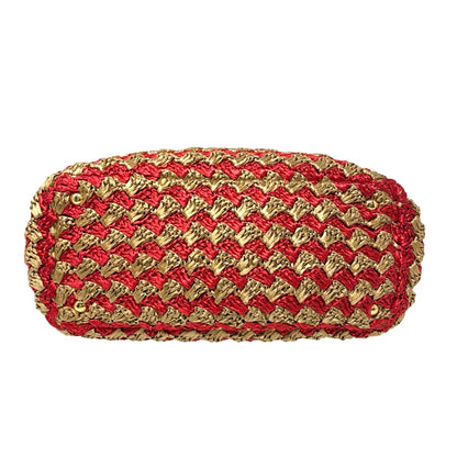 PRADA Vintage Triangle Logo Raffia Canapa Tote Bag Red Beige Gold Crochet 901970