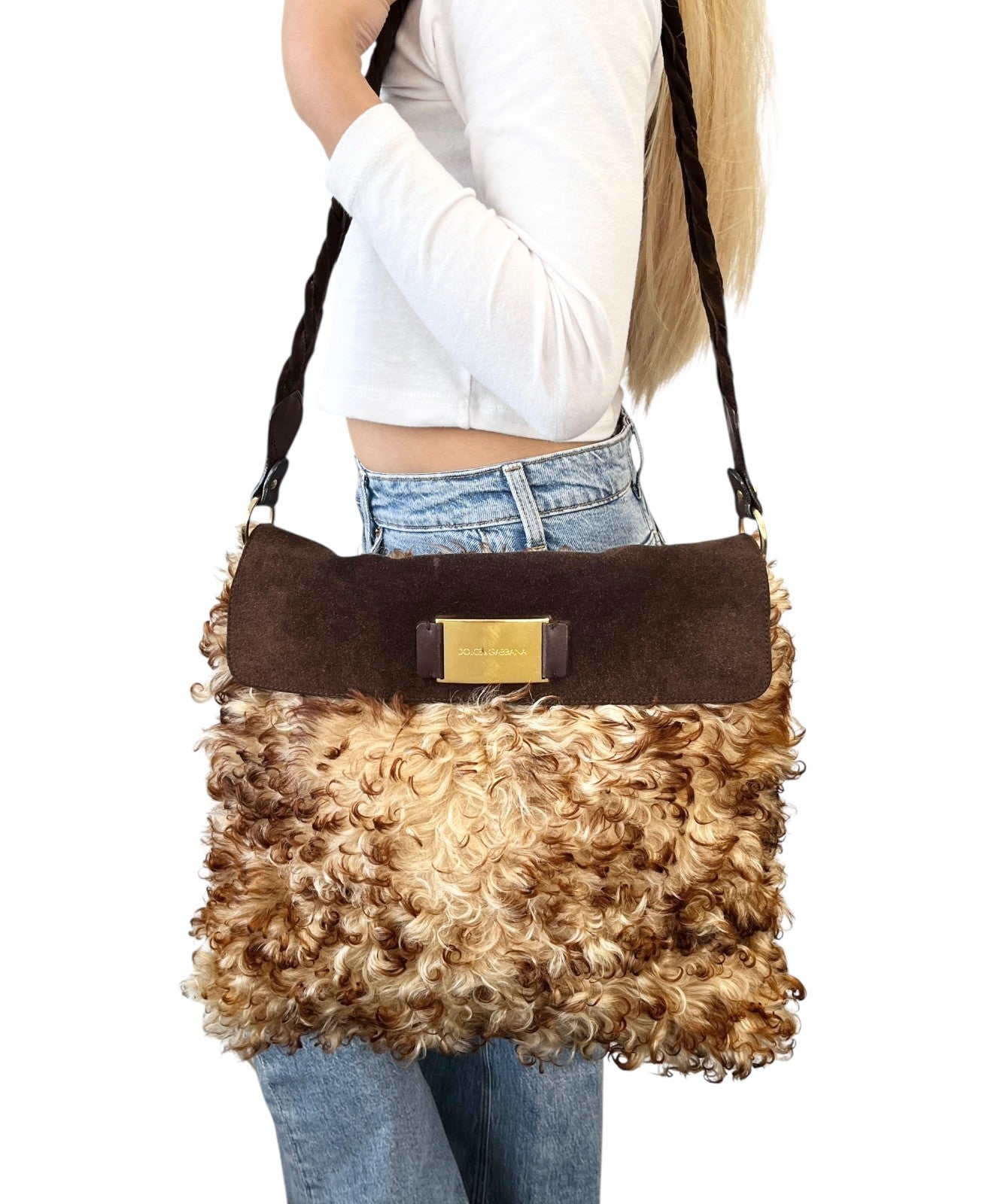 DOLCE&GABBANA Vintage Curly Lamb Shearling Suede Shoulder Bag Brown Beige Fur