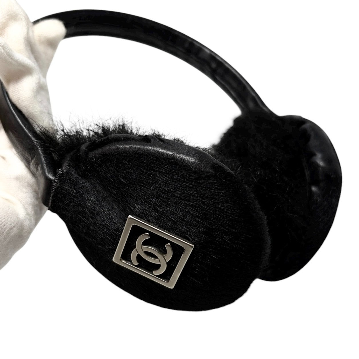 CHANEL Sport Vintage CC Mark Logo Earmuffs Black Silver Pony Calf Hair Leather