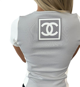 CHANEL Sport Vintage 01P CC Mark Logo T-shirt #36 Top Gray White Nylon Rank AB