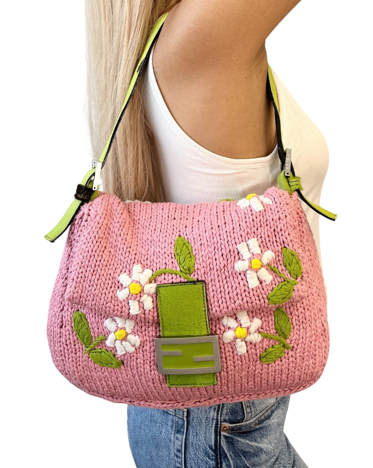 FENDI Vintage Mamma Baguette Crochet Shoulder Bag Flower Pink Wool 901957