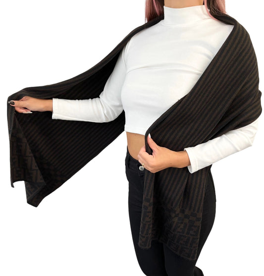 FENDI Zucca Stripe Wrap Scarf #42 Fashion Accessory Brown Black Wool RankAB