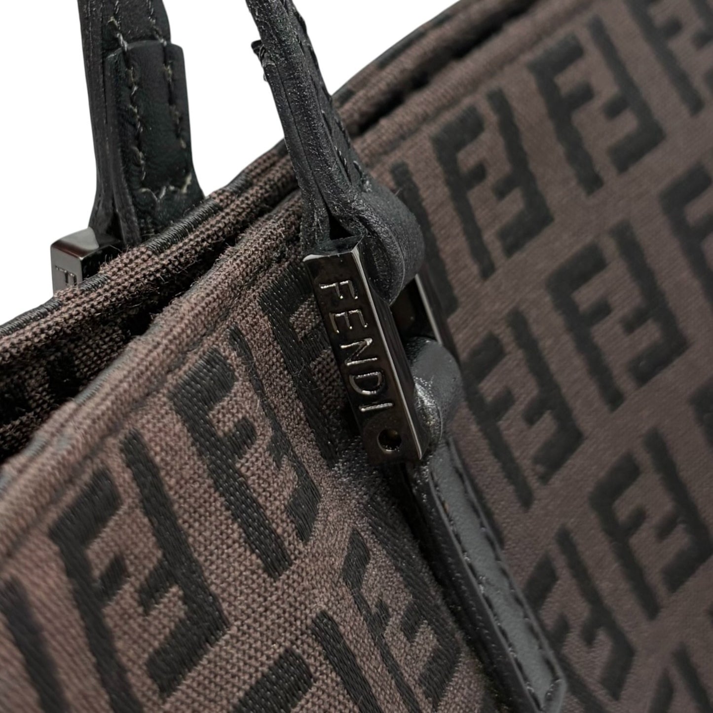 FENDI Vintage FF Logo Zucchino Monogram Tote Hand Bag Brown Black 902444