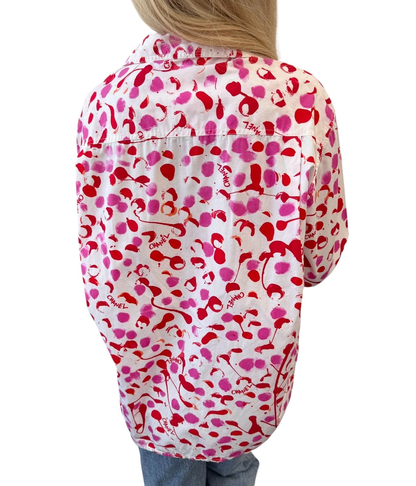 CHANEL Vintage PO6048 CC Logo Button Up Shirt Blouse Top #38 White Pink Cotton