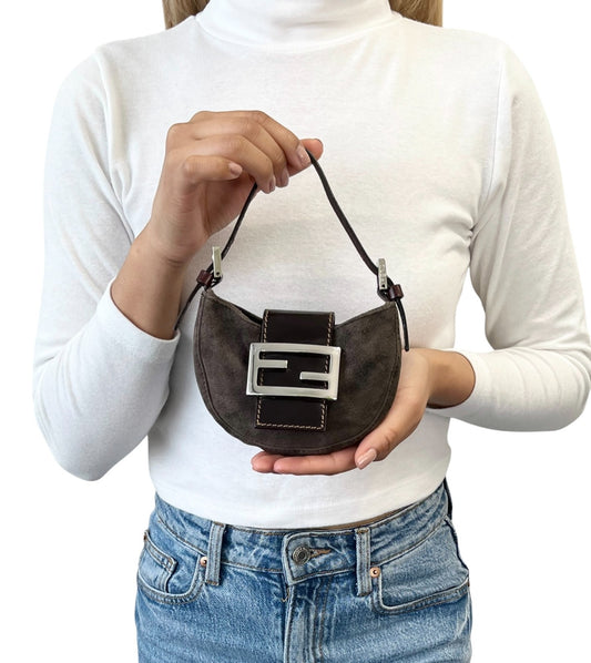 FENDI Vintage FF Logo Micro Croissant Suede Mini Bag Pochette Gray Brown Silver