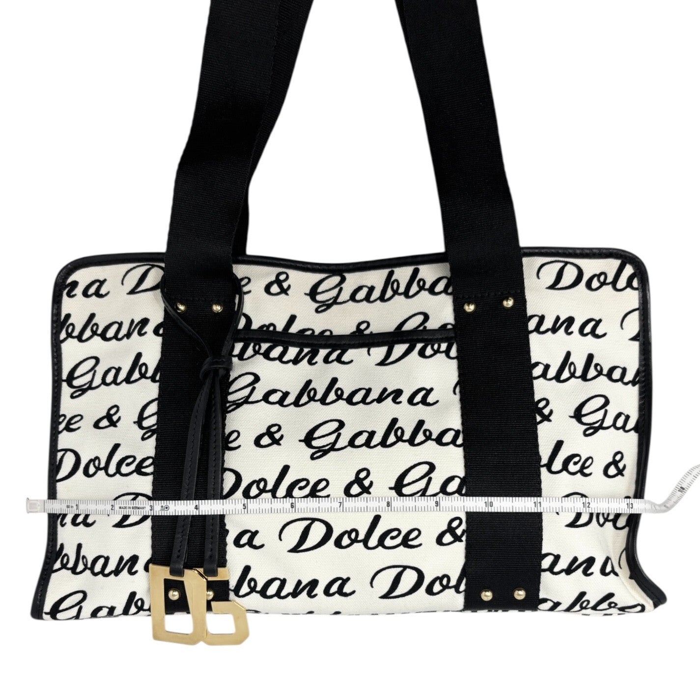 DOLCE&GABBANA Vintage D&G Logo Shoulder Bag White Black Gold Canvas Leather