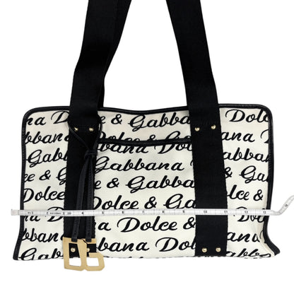 DOLCE&GABBANA Vintage D&G Logo Shoulder Bag White Black Gold Canvas Leather
