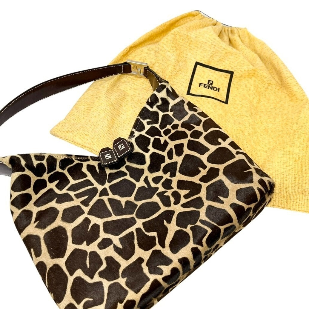 FENDI Vintage Zucca Logo Giraffe Print Shoulder Bag Brown Beige Calf Hair