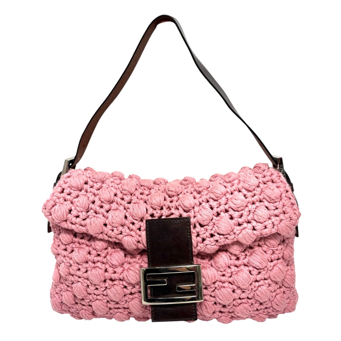 FENDI Vintage FF Logo Crochet Mamma Baguette Shoulder Bag Knit Pink Brown Wool