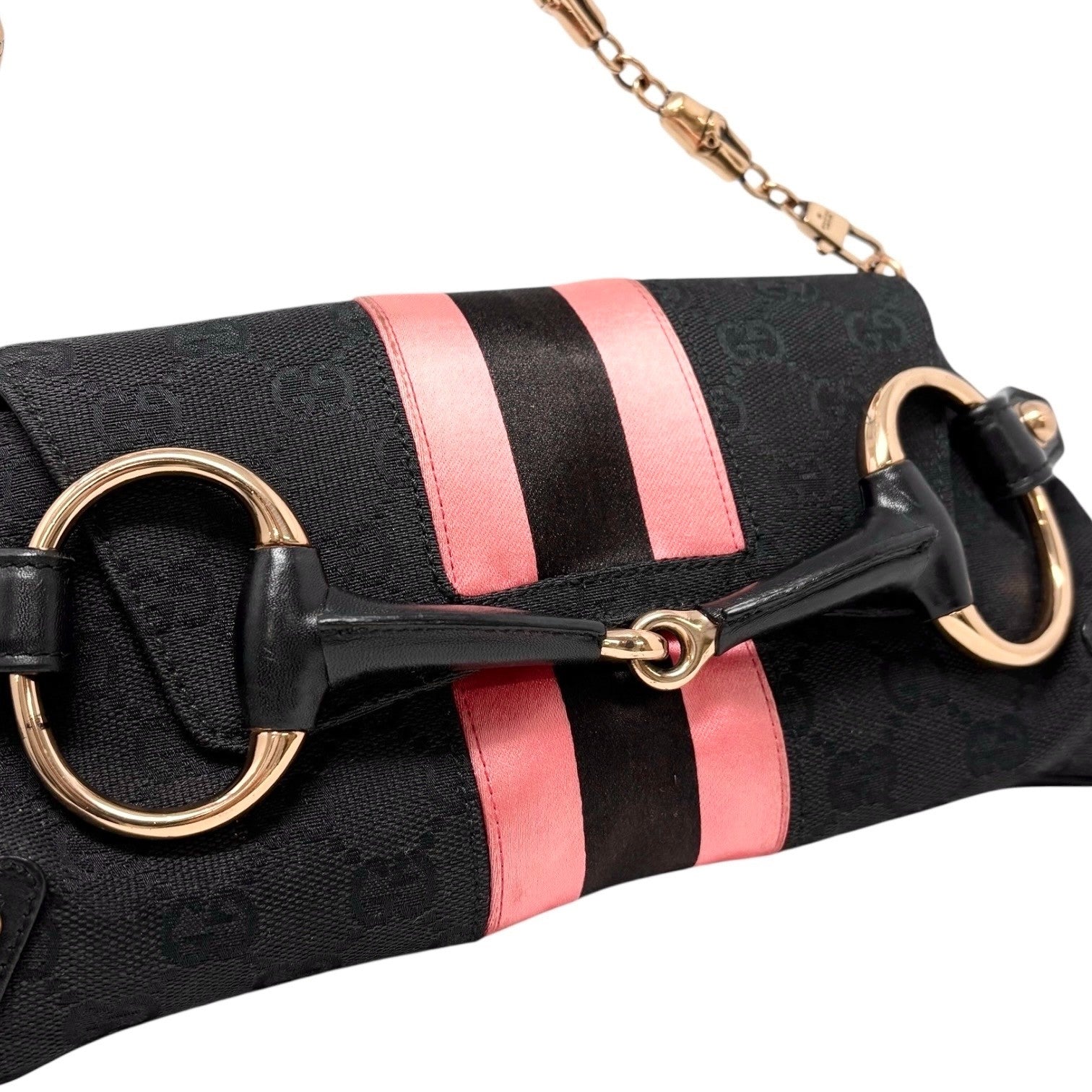 GUCCI Vintage GG Logo Monogram Horsebit Shoulder Clutch Bag Chain Black Pink