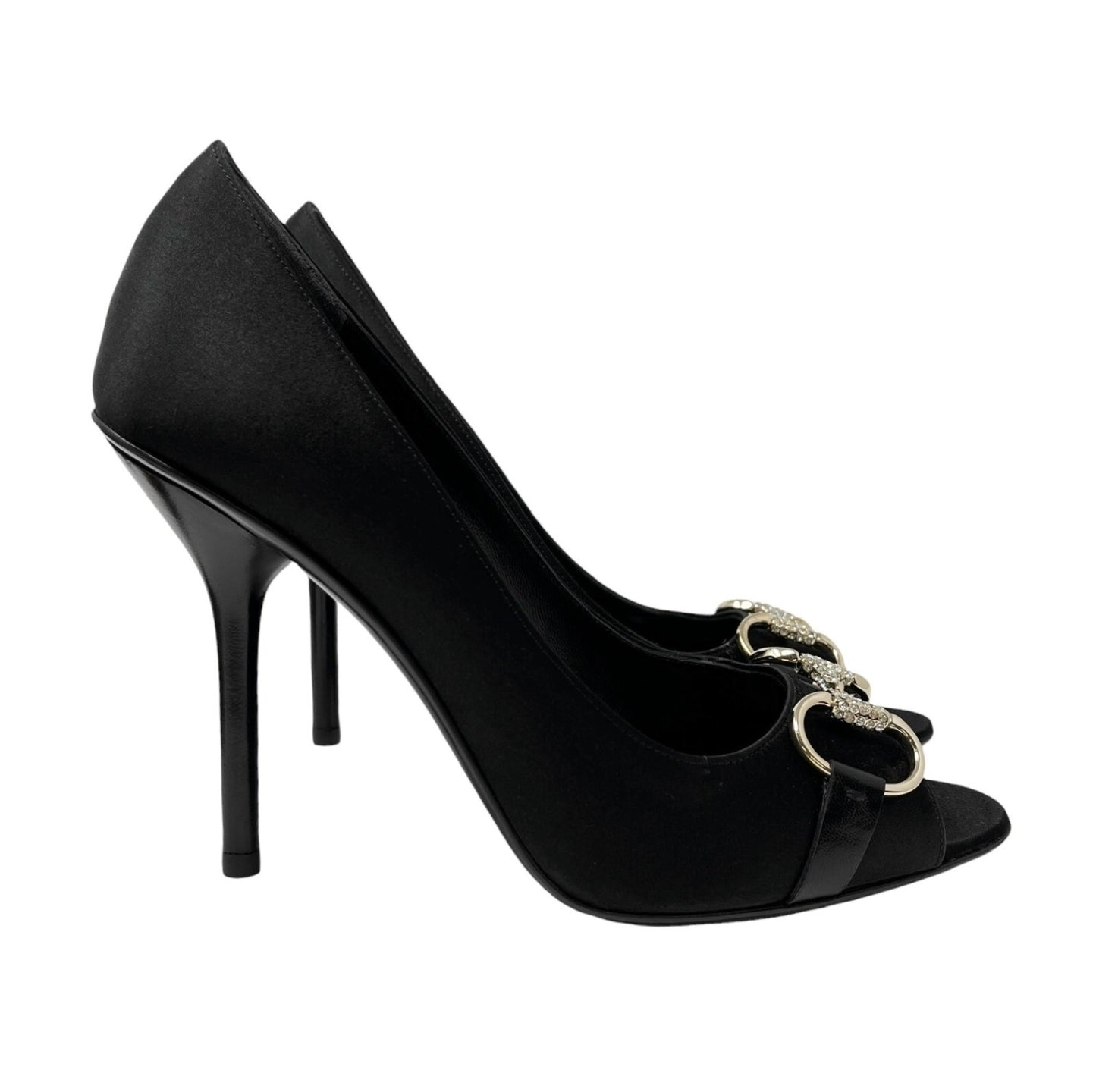 GUCCI Vintage Logo Horsebit Heels #38.5 US 8.5 Black Rhinestone Satin Rank AB+