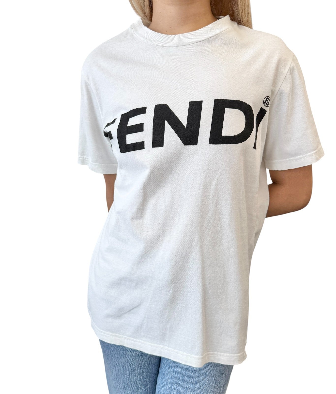 FENDI Vintage Big Logo T-shirt Top Crew Neck Short Sleeve White Black Cotton