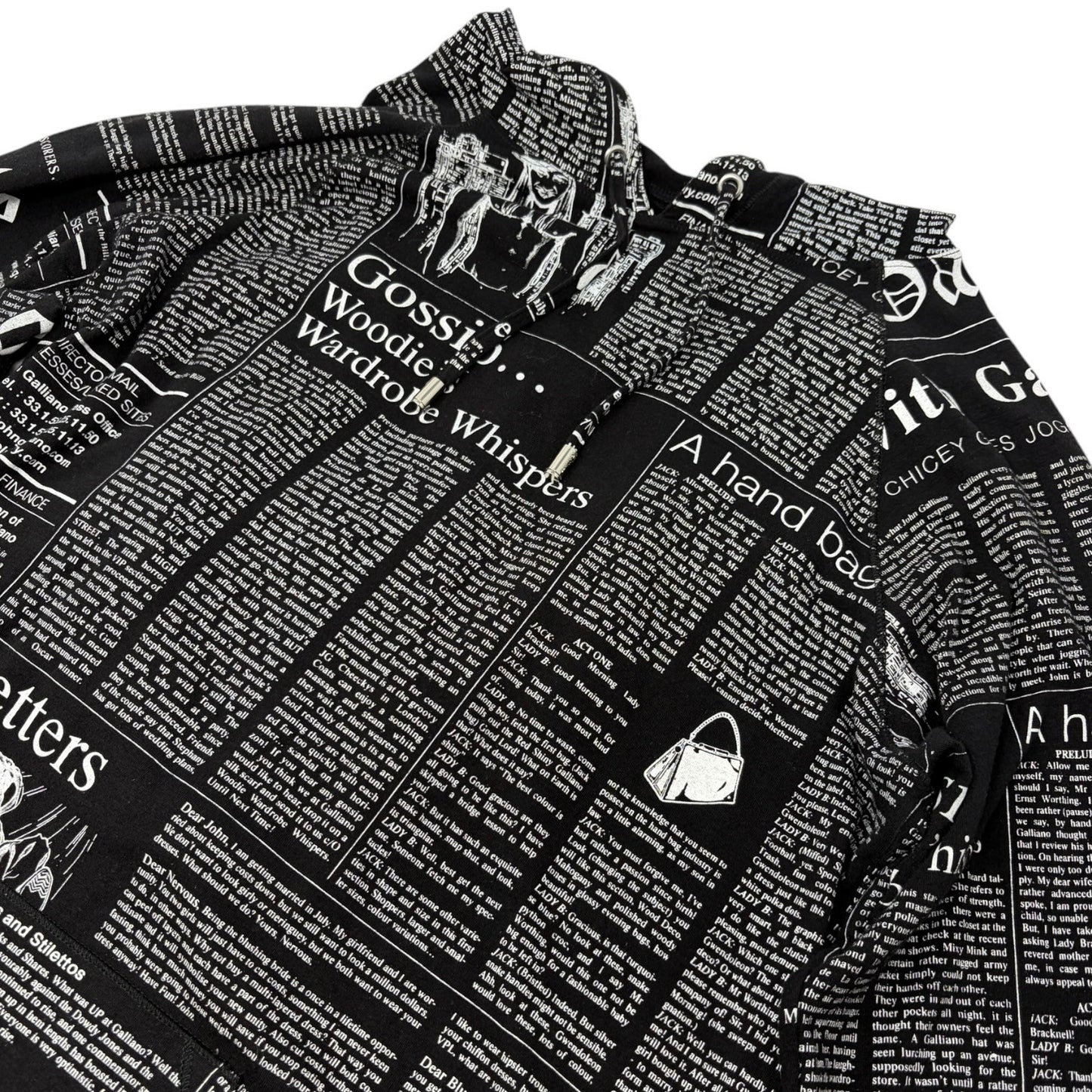 John Galliano Vintage Newspaper Print Hoodie Top Pants Set #XS Black 902549