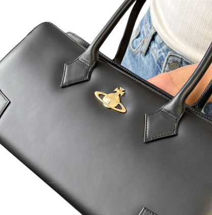 Vivienne Westwood Vintage Ord Logo Executive Tote Bag Black Leather 902058