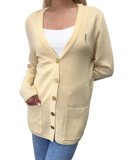 Yves Saint Laurent Vintage YSL Logo Cardigan Sweater Top Cream Gold 902375