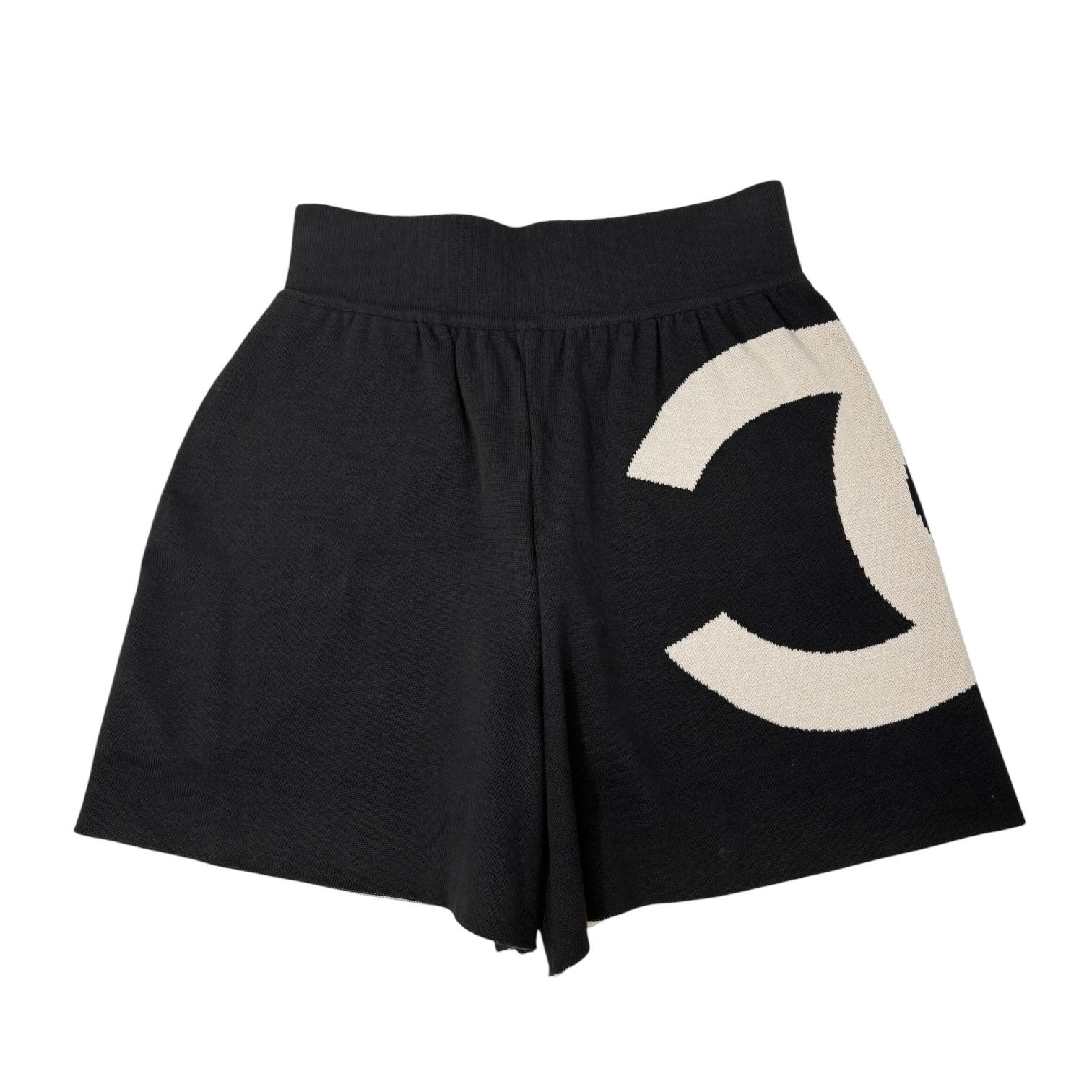 CHANEL Vintage 03A CC Logo Knit Short Pants #38 Pocket Black Cream Cotton