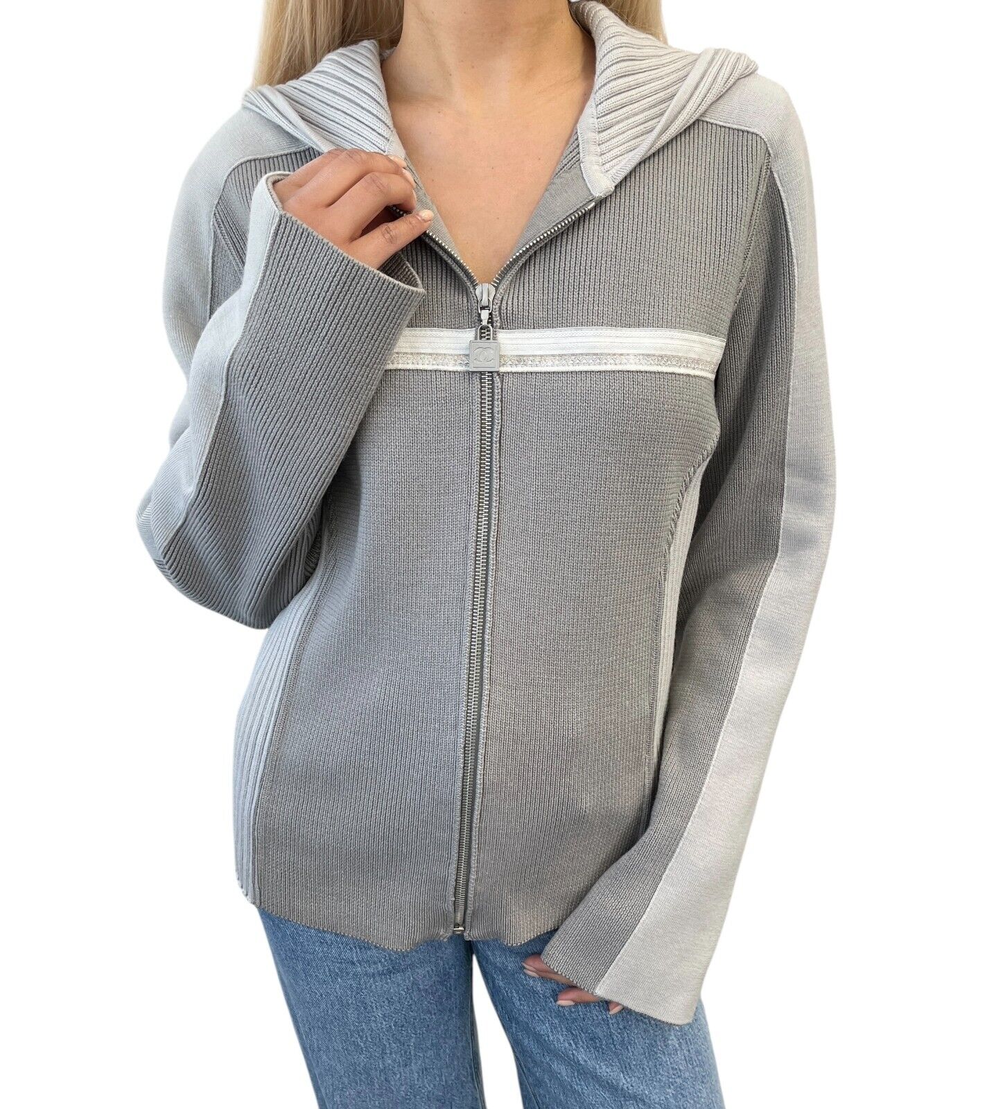 CHANEL Sport Vintage 04A CC Logo Zip Hoodie Top #42 Jacket Gray White Wool