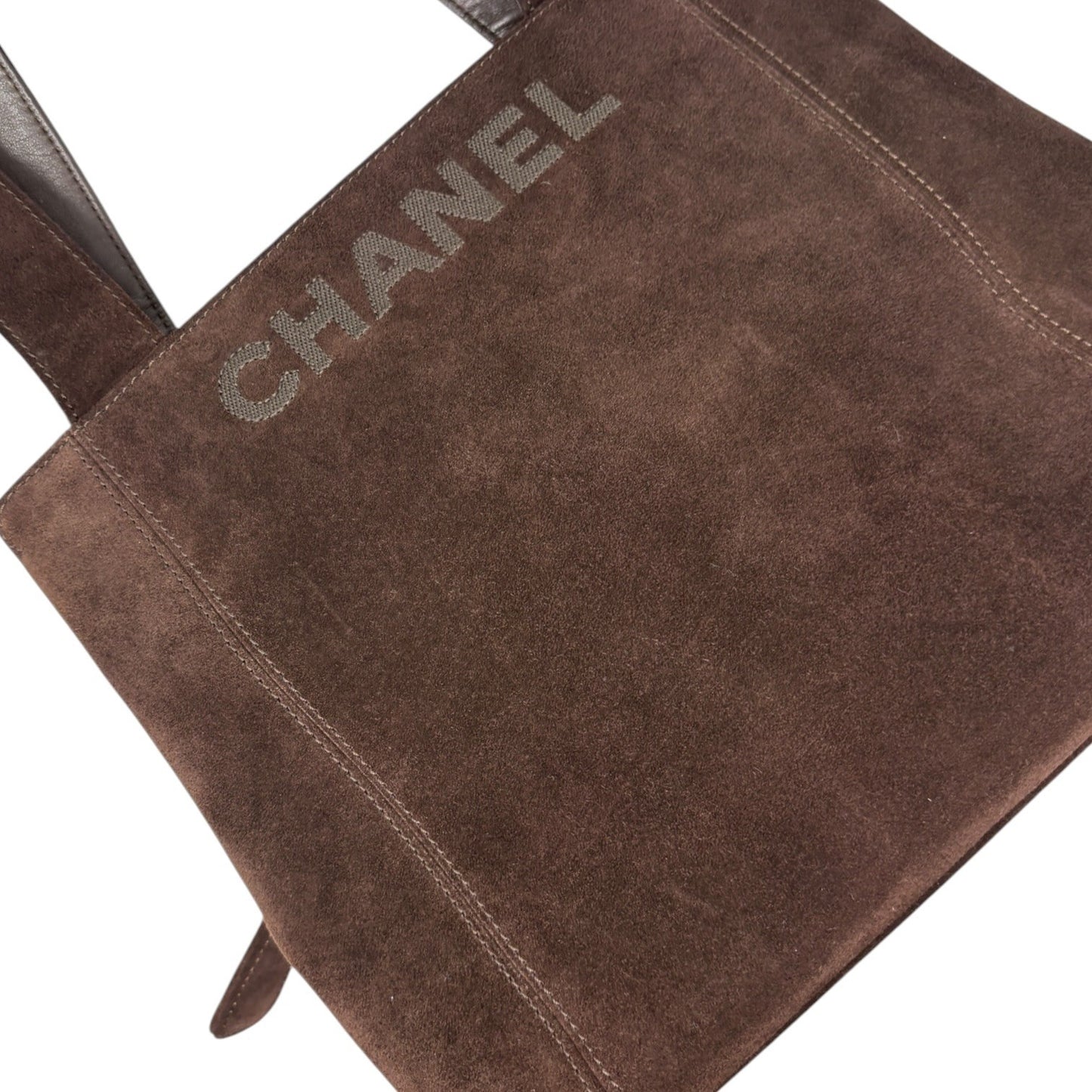 CHANEL Vintage Stitch CC Logo Suede Tote Shoulder Bag Brown Zip 902303