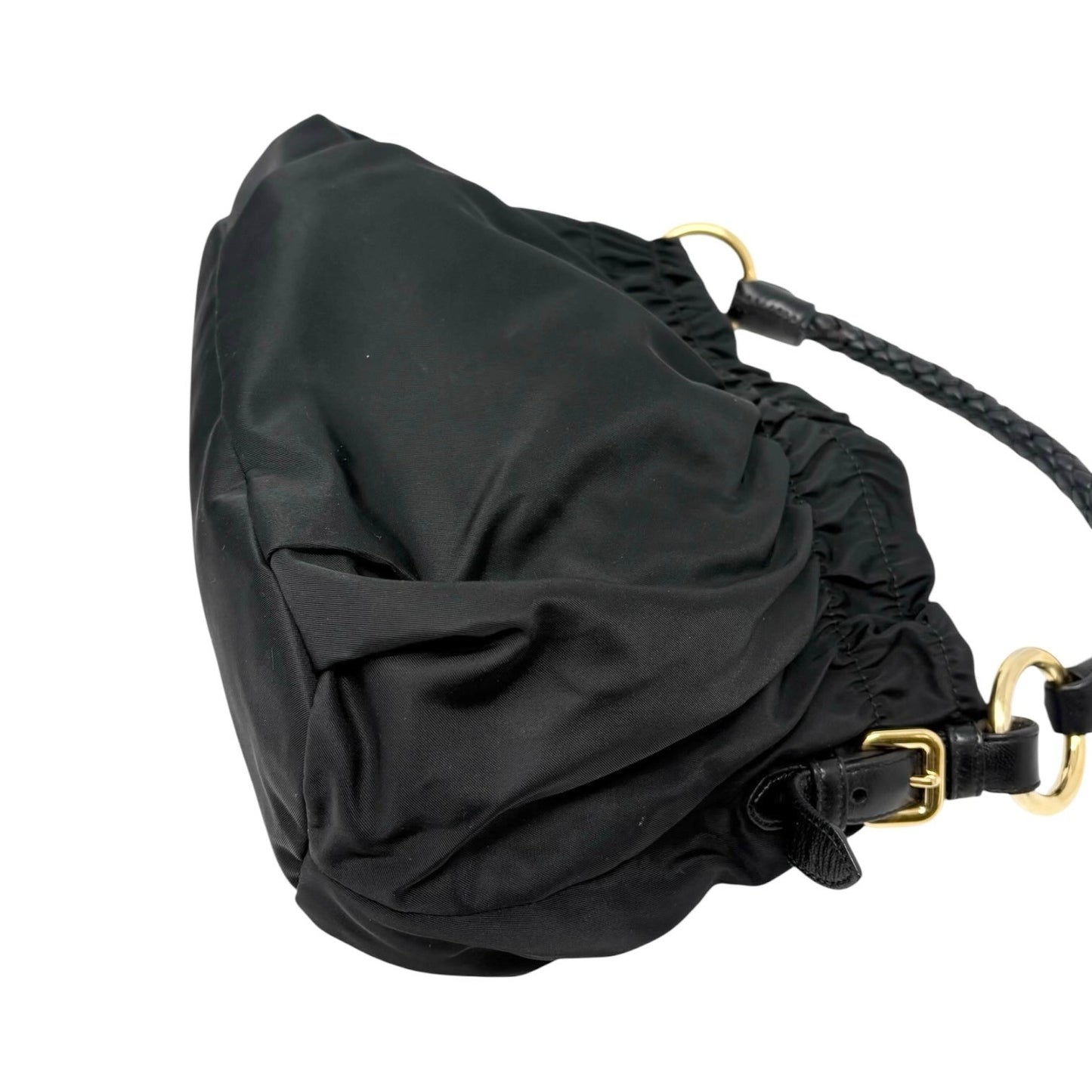 PRADA Vintage Logo Tessuto Nylon Shoulder Bag Black Gold Ribbon Leather