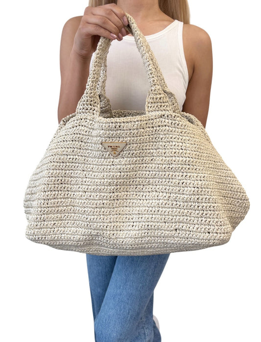 PRADA Vintage Triangle Logo Raffia Canapa Tote Bag Cream Gold Crochet Cotton