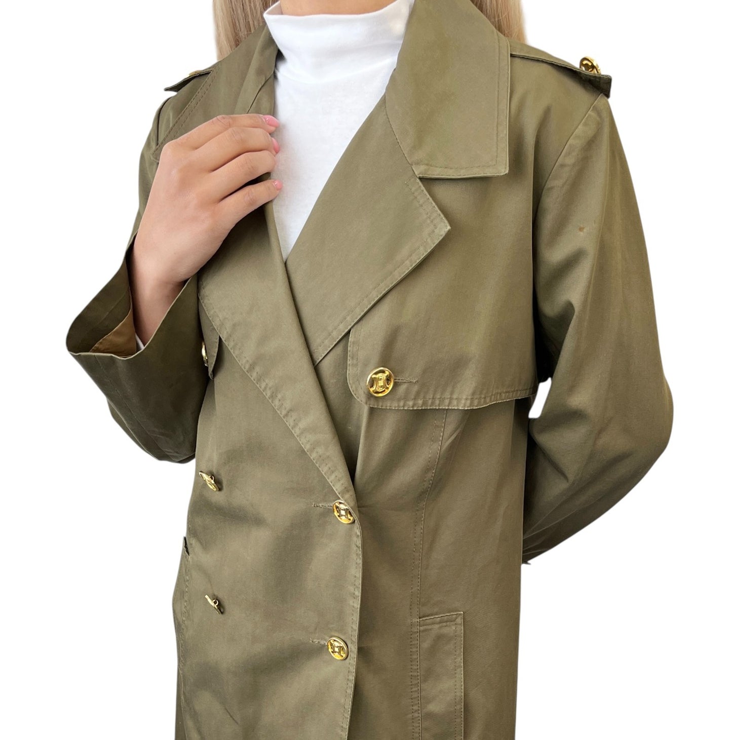 CELINE Vintage Macadam Logo Button Trench Coat Long Jacket Khaki Gold Cotton