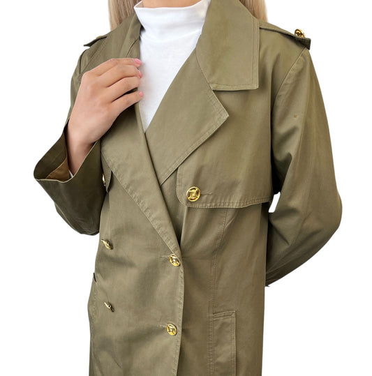 CELINE Vintage Macadam Logo Button Trench Coat Long Jacket Khaki Gold Cotton