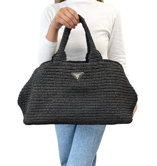 PRADA Vintage Triangle Logo Raffia Canapa Tote Bag Black Gold Crochet 901971