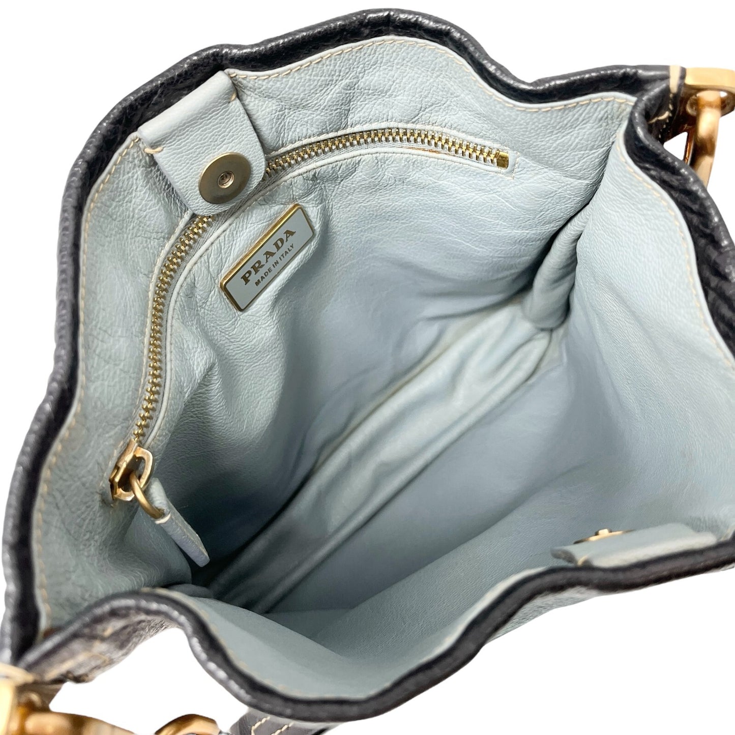 PRADA Vintage Logo Shoulder Bag Square Stitch Magnetic Black Gold Leather
