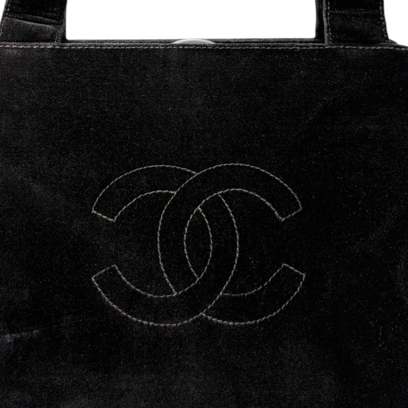 CHANEL Vintage CC Logo Stitch Trapezoid Tote Bag Handbag Black Velour 902222