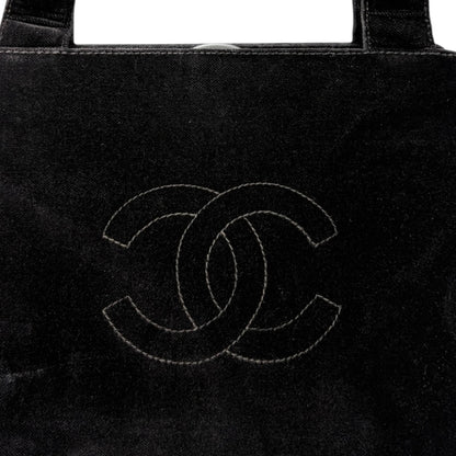CHANEL Vintage CC Logo Stitch Trapezoid Tote Bag Handbag Black Velour 902222