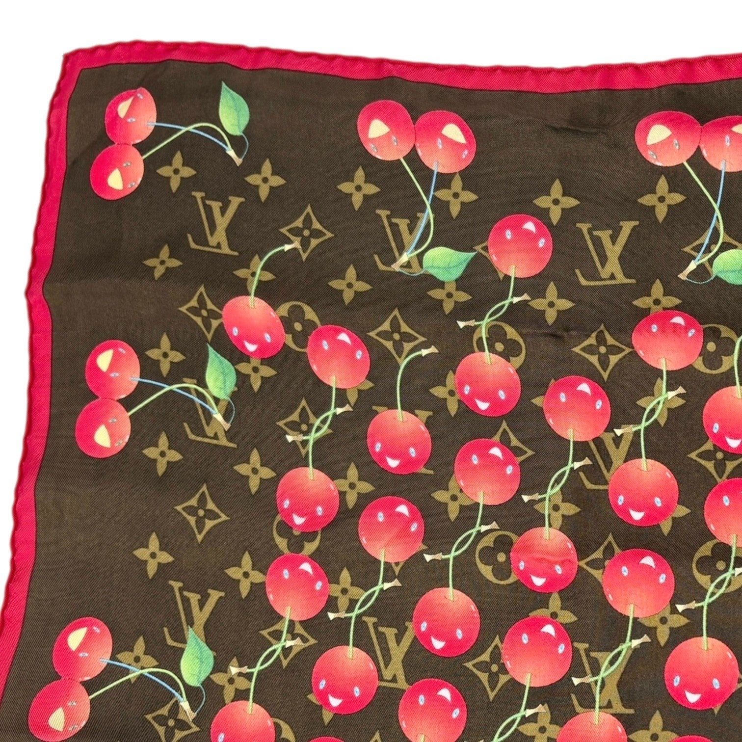 LOUIS VUITTON Vintage LV Logo Monogram Cherry Scarf Brown Red Silk Murakami