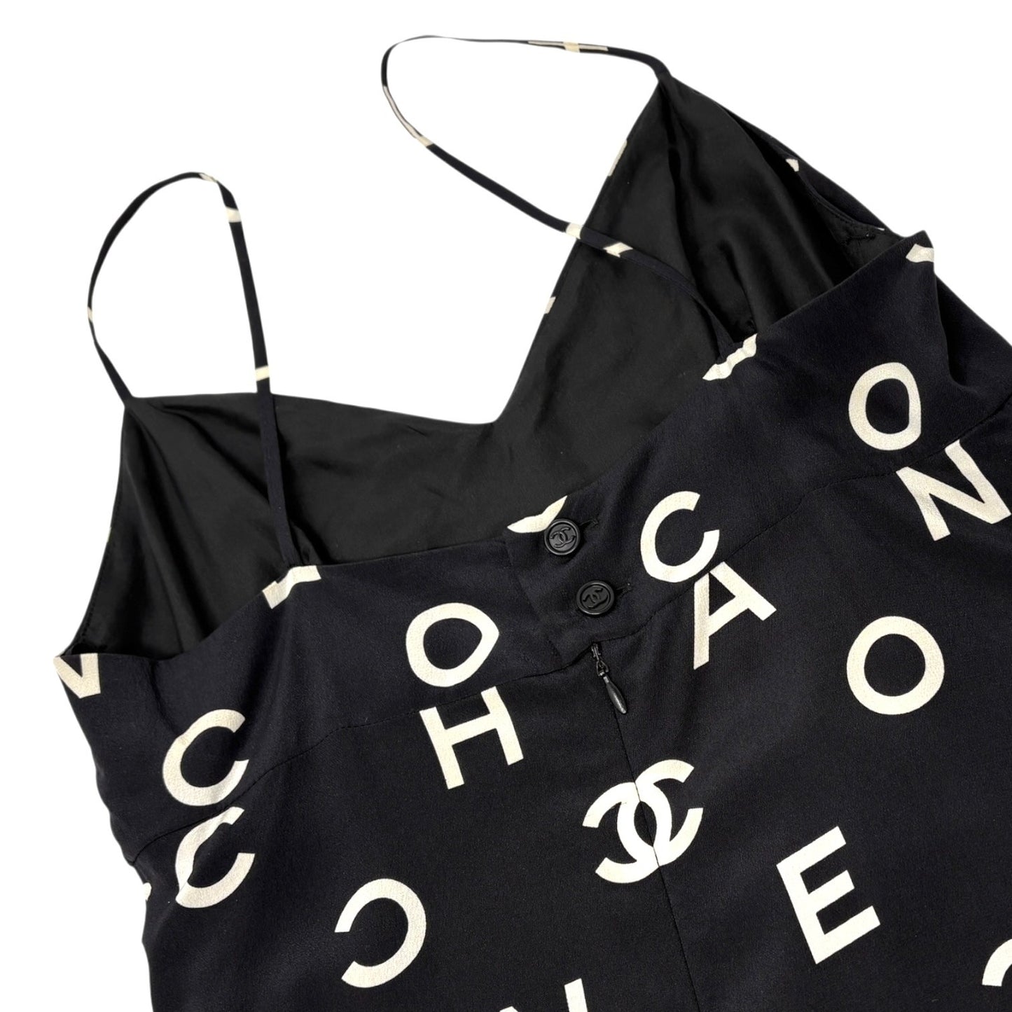 CHANEL Vintage 97P CC Logo Print Silk Camisole Slip Dress #40 Black White