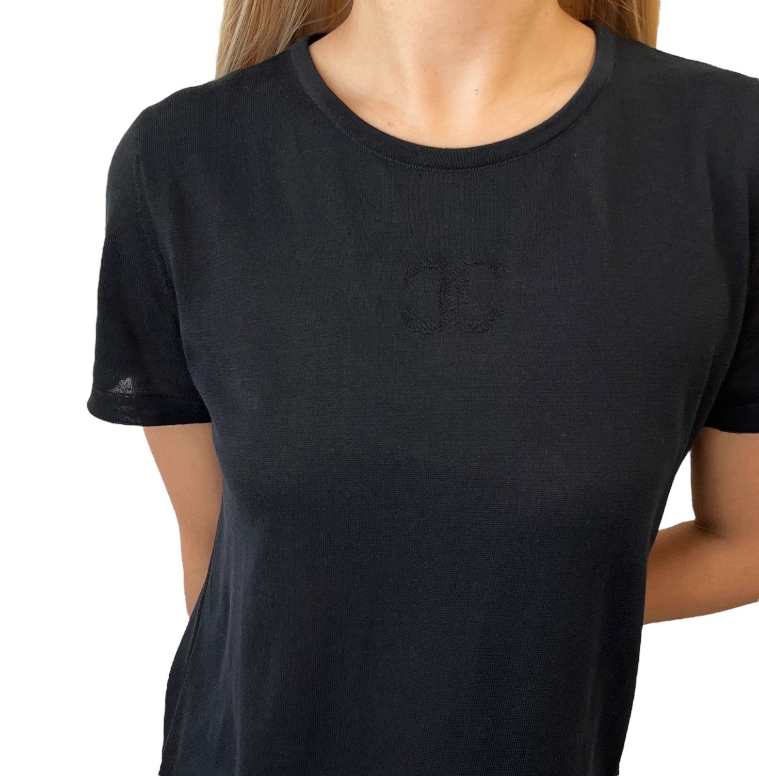 CHANEL Vintage 06P CC Logo Knit T-shirt Top #38 Black Cotton Short Sleeve