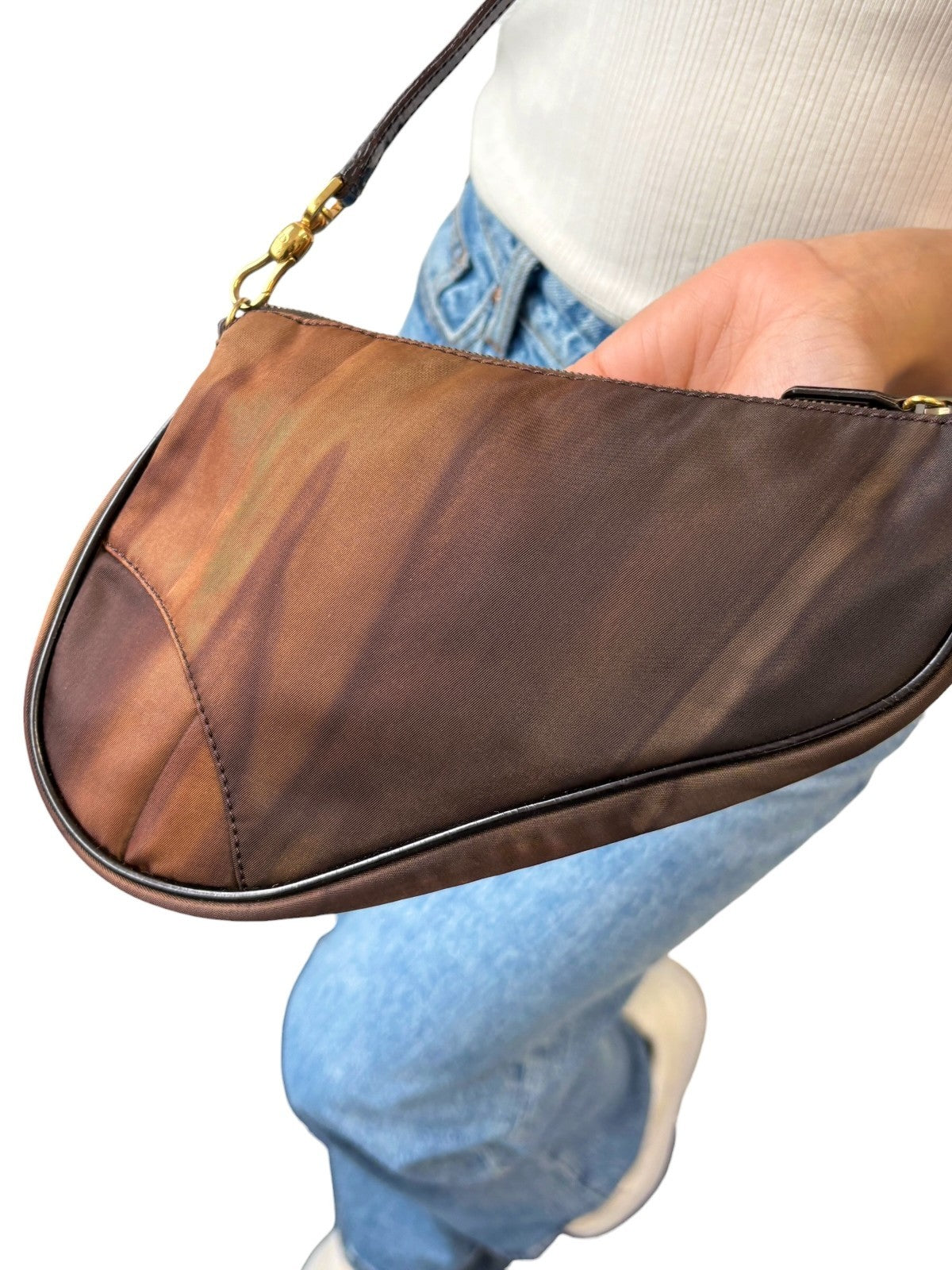 Christian Dior Vintage 2001 Saddle Nylon Shoulder Bag Pochette Brown Gold