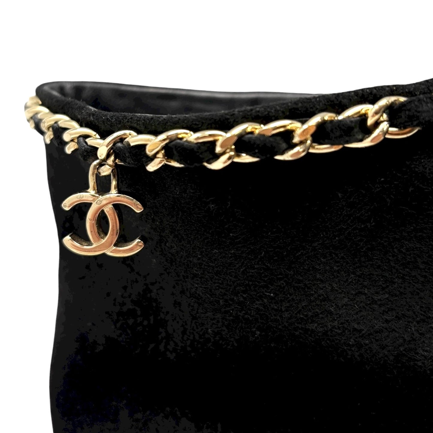 CHANEL Vintage CC Logo Charm Button Ankle Suede Boots Heels #39 Black Gold